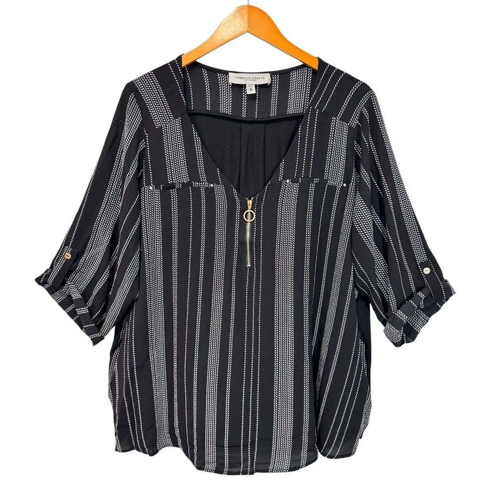 Tempted Hearts Blouse Womens 3X Black Striped Zip Front Roll Tab Sleeve RB4646P